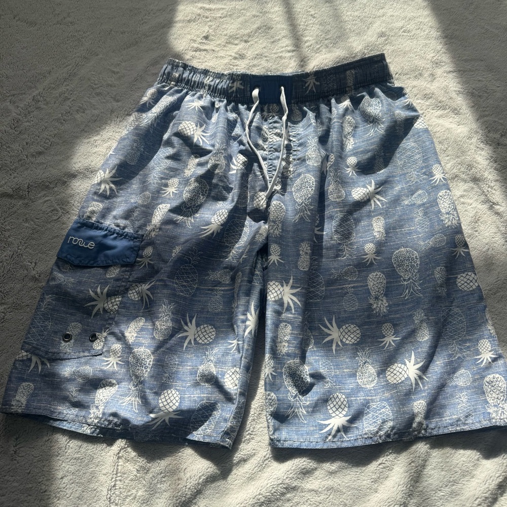 Nonwe Blue Pineapple Print Men’s Elastic w/ Drawstring Swim‎ Shorts Size 34
